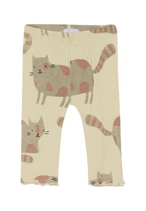 Leggings in lichtbeige met een kattenontwerp en roze accenten. Zachte stof, getailleerd ontwerp en ruches aan de zoom.