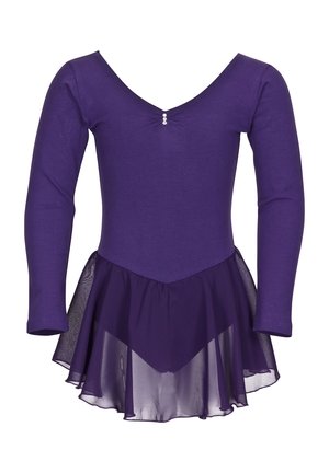 Paarse balletbody met lange mouwen, een doorschijnende rok en drie kleine decoratieve knopen bij de V-hals.