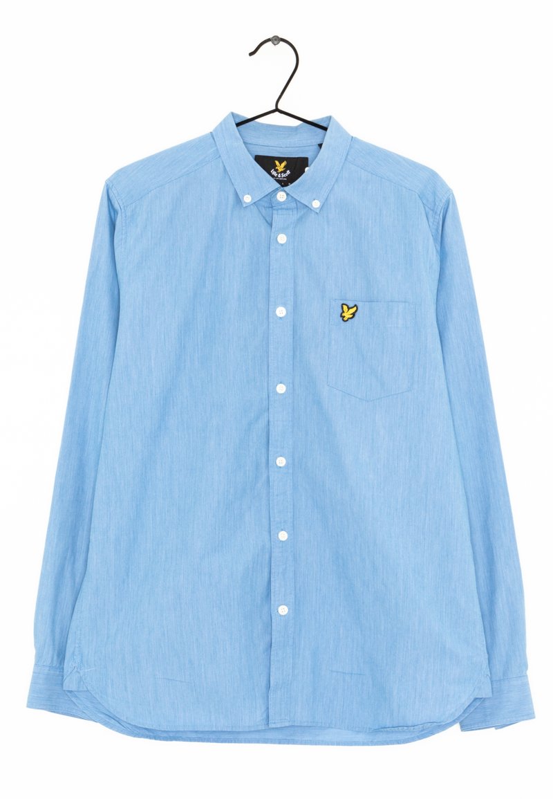 Jasnoniebieska koszula z długim rękawem, z kołnierzykiem zapinanym na guziki, przednią kieszenią i żółtym haftowanym logo. Wykonana z teksturowanej tkaniny.
