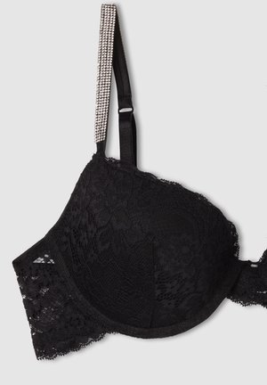 Reggiseno nero in pizzo con coppe imbottite, motivo floreale e un delicato bordo in pizzo. Spallina decorata con scintillanti strass.