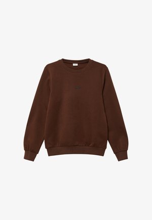 Bruine katoenen sweatshirt met een ronde hals, lange mouwen en geribbelde manchetten. Voorzien van een klein logo geborduurd aan de voorkant.