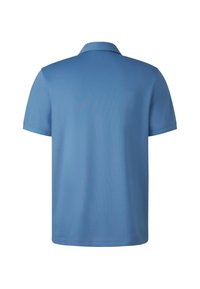 Polo à manches courtes en tissu bleu clair uni, avec un col et un ourlet droit, offrant une texture lisse et légère.