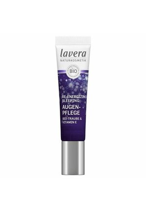 Lavera re-energizing sleeping eye cream in a purple tube with silver accents, labeled with "BIO-TRAUBE & VITAMIN E" on the front.