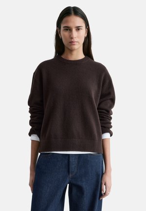 Ung kvinde med langt mørkt hår iført en mørkebrun crewneck-trøje over en hvid skjorte og blå jeans, stående foran en ensfarvet baggrund.