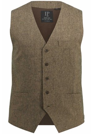 Brown tweed vest with a V-neck, five buttons, single chest pocket, and ribbed lower back. Notable texture and classic design.