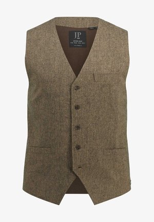 Gilet in tweed marrone con scollatura a V, cinque bottoni, taschino sul petto e schiena a coste. Tessuto caratteristico e design classico.