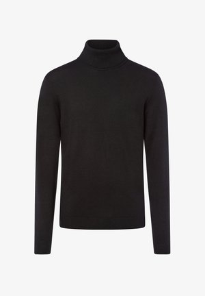 Black turtleneck sweater made of soft knit fabric. Features long sleeves and ribbed cuffs. Simple, classic silhouette with no patterns.