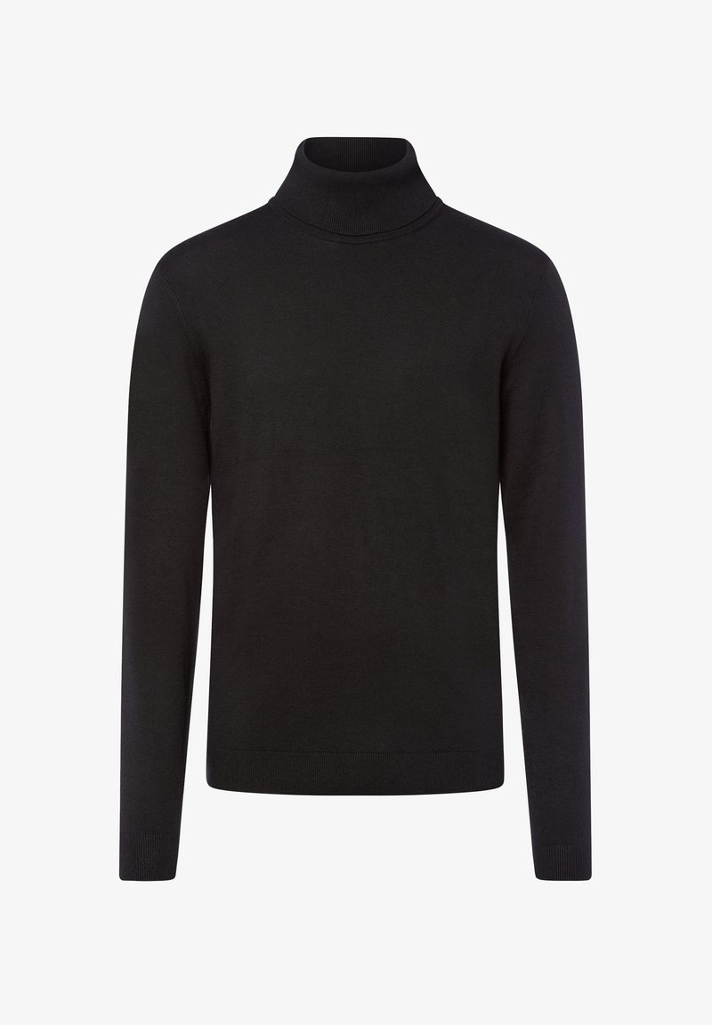 Schwarzer Rollkragenpullover aus weichem Strickstoff. Mit langen Ärmeln und gerippten Bündchen. Schlichte, klassische Silhouette ohne Muster.