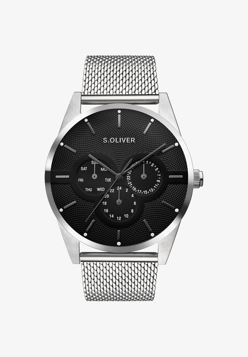Men's S.Oliver watch with a black textured dial, silver hands, three sub-dials, and a silver mesh band. Features date and day indicators.