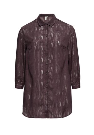 Langarmshirt in donkerpaarse stof met een textuurpatroon van verticale lijnen en knopen aan de voorkant. Kraag en mouwen met cuffs.