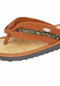 Brown flip-flop with soft straps and a decorative patterned band. Natural textured insole and black rubber sole for grip.