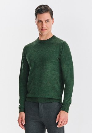 Zielony sweter z okrągłym dekoltem, wykonany z teksturowanej dzianiny, z długimi rękawami oraz ściągaczami na mankietach i dolnym brzegu, noszony na ciemnoszarych spodniach.