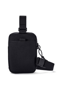 Borsa in tessuto nero con forma rettangolare, tracolla regolabile, tasca anteriore e gancio. Texture liscia senza motivi o loghi visibili.