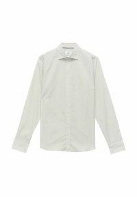 Lichtgroen en wit gestreepte langemouw shirt met een standaard kraag, knoopsluiting aan de voorkant en contrasterende gestreepte manchetten.