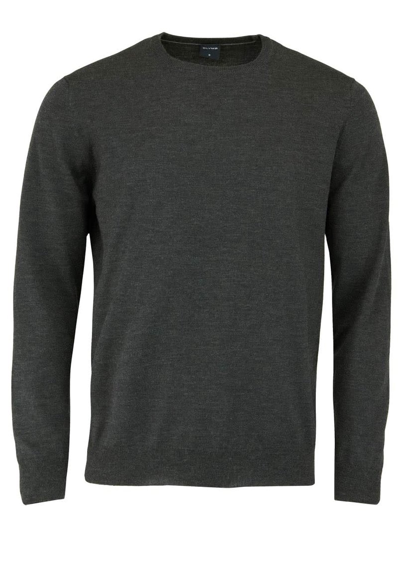 Pull en laine vert foncé à manches longues, col rond, texture lisse et coupe ajustée. Design simple sans motifs ni embellissements.
