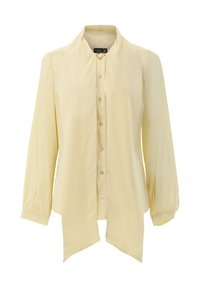 Gelbe Bluse aus glattem Stoff, mit Stehkragen, Knopfleiste und langen Ärmeln mit gerafften Manschetten. Leicht und elegantes Design.