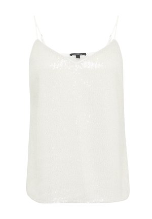 Top bianco senza maniche con scollatura a V, caratterizzato da una texture di paillettes. Ha spalline regolabili e una forma ampia e fluida.