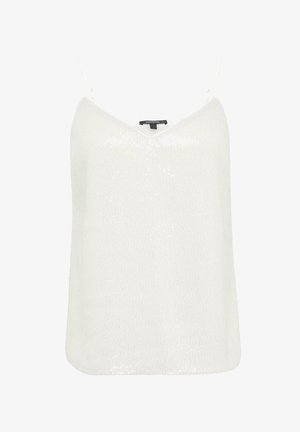 Witte mouwloze top met een V-hals, voorzien van een glinsterende textuur. Het heeft verstelbare bandjes en een losse, vloeiende vorm.