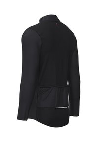 Jersey de ciclismo negro de manga larga con un panel trasero texturizado, un bolsillo trasero y una superficie frontal lisa con cuello.