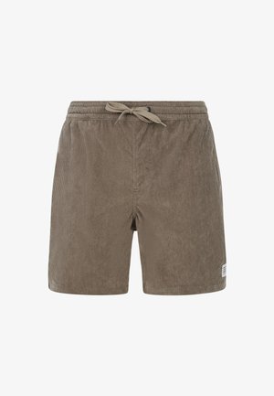 Ruske korduroy sortit, joissa on joustava vyötärö ja nauhakuormaus, erityisillä hienovaraisilla pystysuorilla raidoilla ja pienellä logopatchilla sivussa.