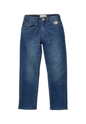 Jeans in denim blu con chiusura con bottone e cerniera, tasche frontali e piccola etichetta con logo nell'area della tasca destra.