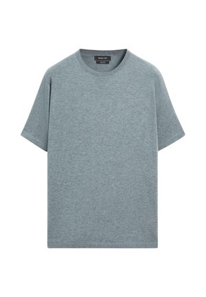 Schlichtes graues T-Shirt mit kurzen Ärmeln und Rundhalsausschnitt, weicher Stoff, mit dem Etikett Massimo Dutti, vor weißem Hintergrund dargestellt.