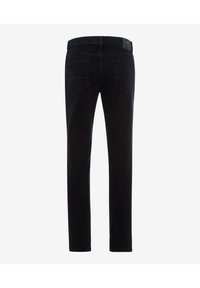 Black denim jeans with a straight-leg design, featuring two back pockets and a waistband label. The fabric has a smooth texture.
