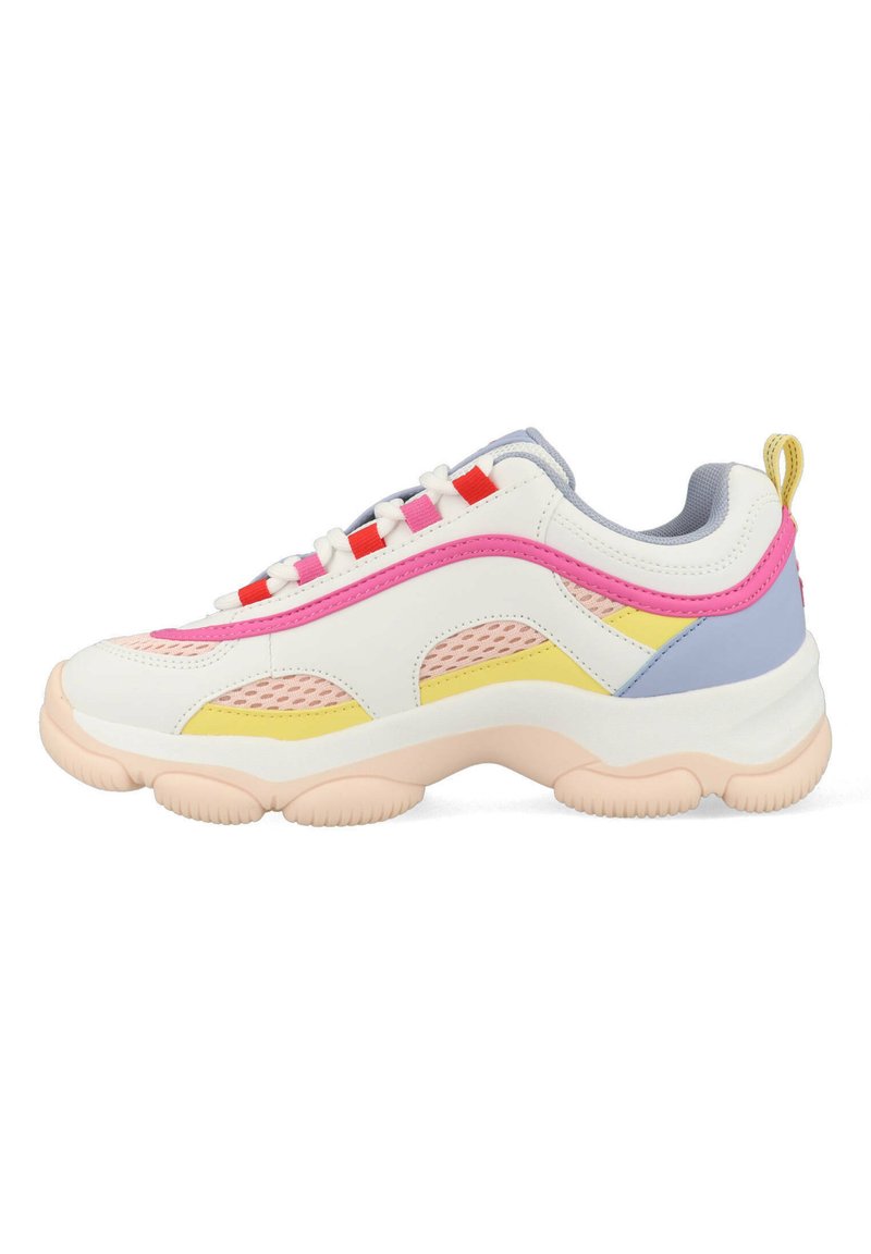 White sneakers with colorful mesh accents in pink, yellow, and lavender. Chunky sole and lace-up design with a contrasting pull tab at the heel.