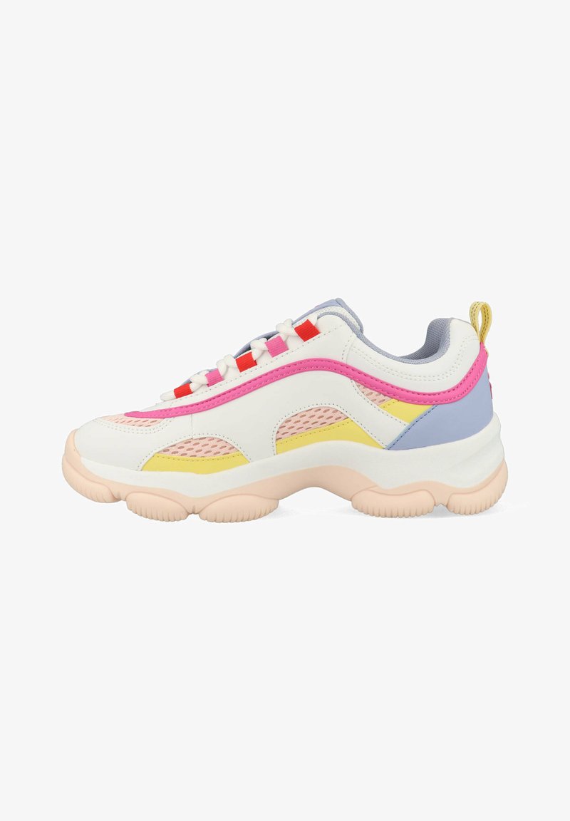 White sneakers with colorful mesh accents in pink, yellow, and lavender. Chunky sole and lace-up design with a contrasting pull tab at the heel.