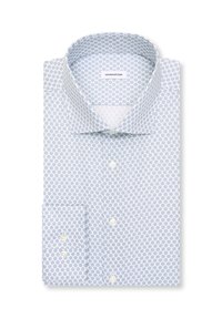 Hellblaues Hemd mit geometrischem Muster, ausgestattet mit einem Haifischkragen, Knopfmanschetten und perlenähnlichen Knöpfen auf einem glatten Baumwollstoff.