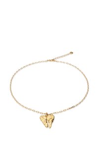 Pulsera de cadena de oro con un colgante en forma de ala y corazón. La cadena está compuesta por eslabones pequeños y cuenta con un cierre ajustable para modificar la talla.
