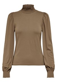 Blusa larga marrón de manga larga con cuello alto fruncido y puños, que presenta hombros suavemente abullonados y un cuerpo ajustado.