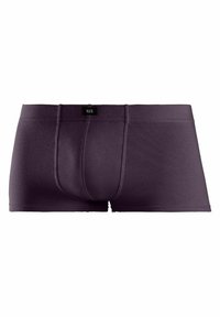 Dunkelviolette Boxershorts aus weichem Baumwollmaterial, mit einer engen Passform, genähten Nähten und einem kleinen schwarzen Etikett am Bund.