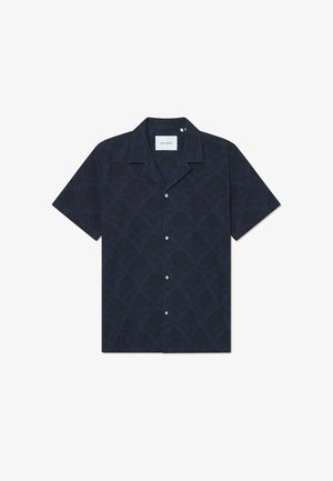 Kurzarmhemd aus marineblauem Stoff mit einem tonalen floralen Muster, Kragen und durchgehendem Knopfverschluss. Hergestellt aus leichtem Material mit einem lockeren Sitz.