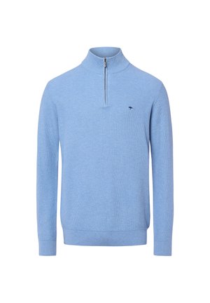 Lichtblauwe zip-halstrui, met een textuurgebreide stof, lange mouwen, ribgebreide manchetten en zoom, met een klein donker logo op de borst.