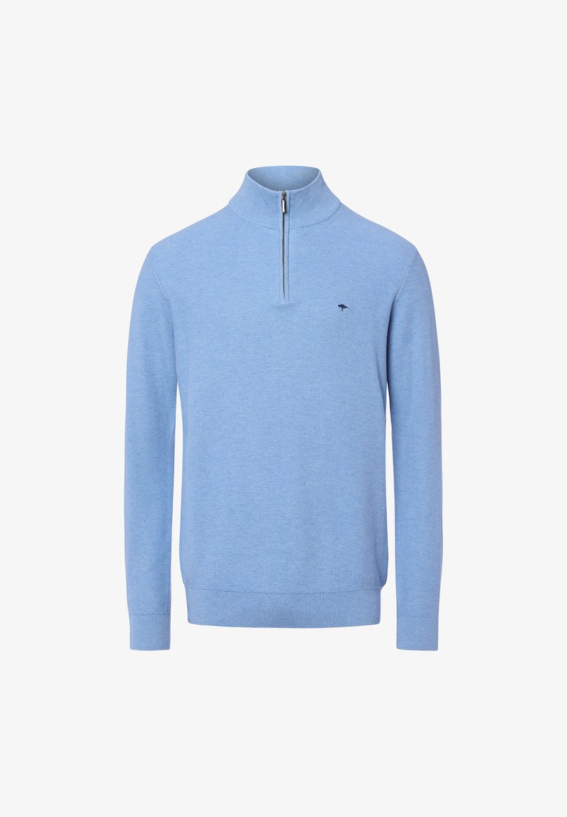 Hellblauem Zip-Kragen-Pullover aus strukturiertem Strickstoff, mit langen Ärmeln, gerippten Bündchen und Saum, sowie einem kleinen dunklen Logo auf der Brust.