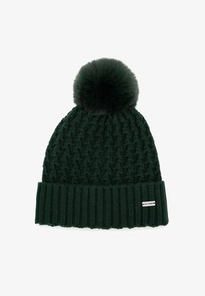 Zielona dzianinowa czapka z prążkowanym wzorem i puszystym pomponem na wierzchu. Posiada ściągacz i małą, firmową metkę.