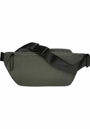 Bolso de cintura verde oliva con correa ajustable negra y cierre de cremallera, diseñado para llevar sin usar las manos y almacenamiento seguro.
