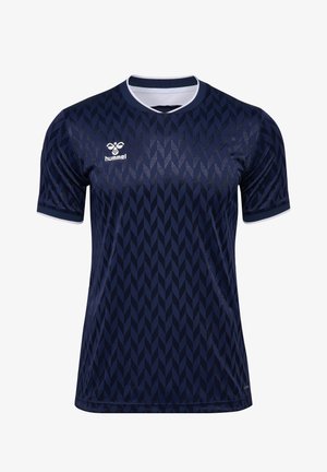 Marineblå sportsjakke med et geometrisk mønstret tekstur, korte ærmer og hvid kant på kraven og ærmekanterne. Hummel-logo er vist.