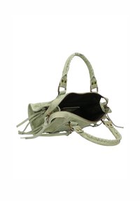 Borsa a tracolla verde in suede con manici intrecciati e frange decorative. Presenta una chiusura con zip e una vista interna aperta.