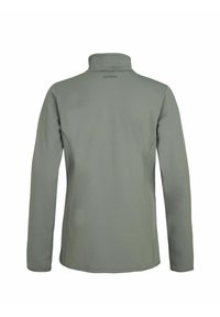 Groene lange mouw pullover met een hoge kraag, gemaakt van zacht materiaal. Bevat minimale stiksels en een discreet logo op de achterkant van de nek.