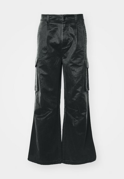 Black wide-leg cargo pants with a shiny texture. Features side pockets, a button closure, and stitched detailing along the seams.