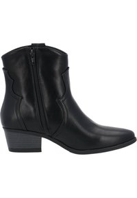 Czarne skórzane botki na kostkę z noskiem w szpic i bocznym zamkiem błyskawicznym. Oferują dekoracyjne przeszycia oraz niski, teksturowany obcas dla stabilności.