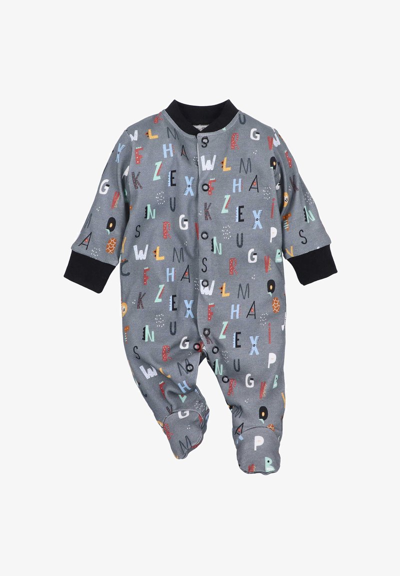 Grijze stoffen jumpsuit met een kleurrijke alfabetprint, lange mouwen, zwarte manchetten en drukknoopsluitingen aan de voorkant en langs de benen.