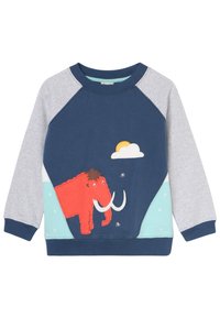 Navy blue and light gray sweatshirt with a red mammoth design, clouds, and sun. Features ribbed cuffs and a soft texture.