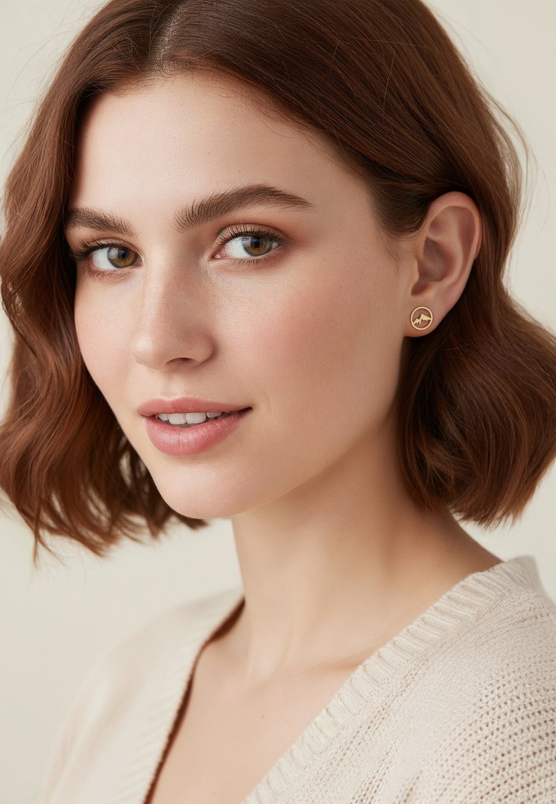 Guldtonade studs i form av en bergsilhuett, rund form och slät yta, bärs av en modell med kort, vågigt hår.