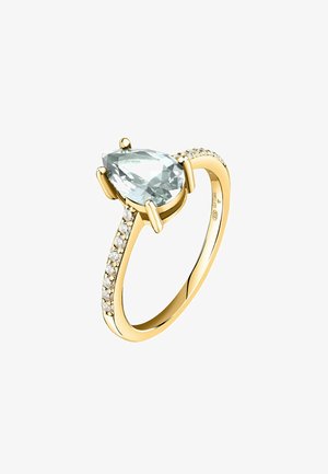 Anello d'oro con una pietra di acquamarina a forma di pera, con piccoli diamanti trasparenti incastonati lungo la fascia per un tocco di eleganza. Finitura liscia e lucida.