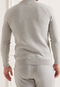 Maglione grigio chiaro in morbido tessuto a maglia. Presenta orli e polsini a costine, collo tondo e design delle maniche raglan.