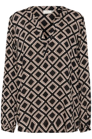 Blusa nera a maniche lunghe con motivo a diamante in crema e marrone, con scollatura a V e vestibilità rilassata. Tessuto morbido.