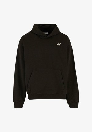 Black hoodie made of soft fabric, featuring a front pocket, drawstring hood, and small white logo on the chest. Ribbed cuffs and hem.